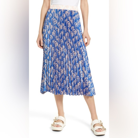Scotch & Soda Women Blue Palm Pleated Preppy Boho Midi Skirt Size Small - Picture 3 of 9